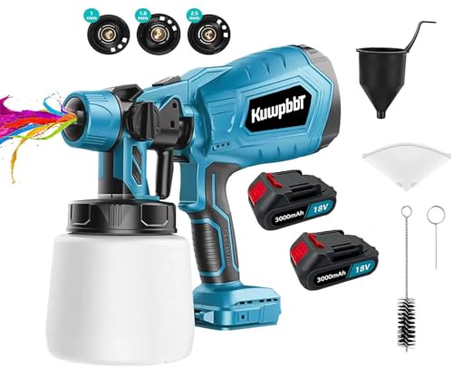 Akku Spritzpistole,Kompatibel mit Makita 18V Akkus,Kabellos HVLP Lackierpistole Akku,1000ML Behälter, 3 Düsen & 3 Sprühmuster, für Möbel, Wände & Zäune(2x3000mAh Akku und Ladegerät) von KuwpbbT