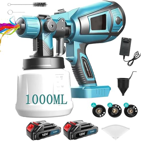 Akku Spritzpistole,Kompatibel mit Makita 18V Akkus,Kabellos HVLP Lackierpistole Akku,mit 3 Düsen,3 Spritzmuster,1000ml Farbsprühgerät,für Innen und Außenbereich(2x3000mAh Akku) von KuwpbbT