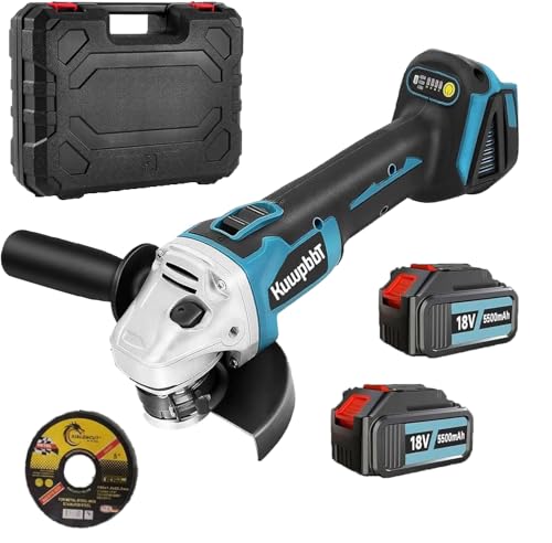 Akku-Winkelschleifer, Kompatibel mit Makita Bürstenlos,18V Kabelloses Trennschleifer Scheibe 125mm Schleifen mit 2 × 5500mAh Akkus, zum Entfernen von Farbe und Mörtel，Polier, zum Schleifen von KuwpbbT