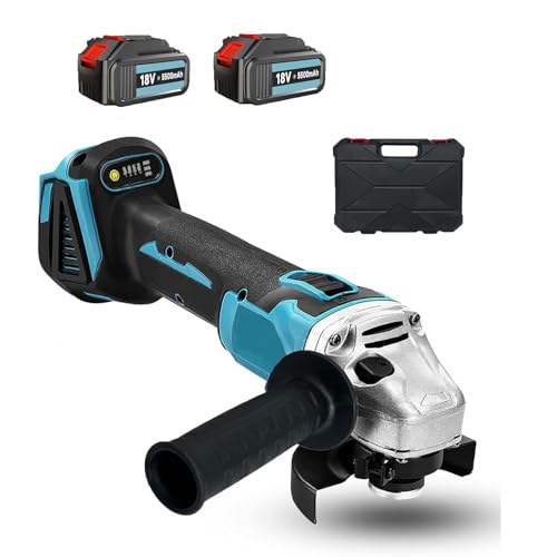 Akku Winkelschleifer Kabellos，125mm Winkelschleifer Akku 18V Trennschleifer Schleifmaschine mit Zusatzgriff und Stück Scheiben,mit 2x5500mAh Akku,zum Entfernen von Farbe und Mörtel，Polier（Blau） von KuwpbbT