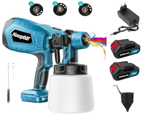Akku spritzsystem, 1000 ml Behälter, 500W-Sprühsystem, 3 Kupferdüsen, 3 Sprühmodi für Möbel, Garten Zaun, (2x3.0Ah Akku und Ladegeräte) von KuwpbbT