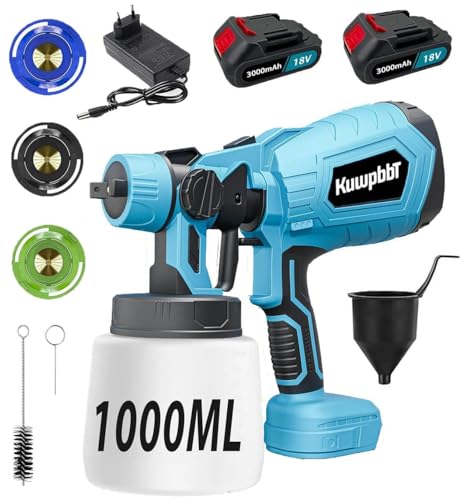 Akku sprühsystem, nneu aktualisierte Sprühmaschine mit 3 Düsen, 3 Sprühgeräten, 1000 ml Behälter, Akku sprühsystem, Farbstellbarer Durchfluss für DIY-Malerei zu Hause (2X3.0Ah Akku) von KuwpbbT