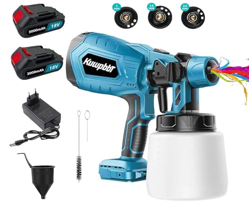 Drahtloses Sprühsystem, 2X3000mAh Batterie und Ladegerät, 1000 ml HVLP-Sprühmaschine, 3 Kupferdüsen， Für Sprühmaschinen für Wandmalerei, Decken, Möbel, Gartenzäune und Holz (Blu) von KuwpbbT