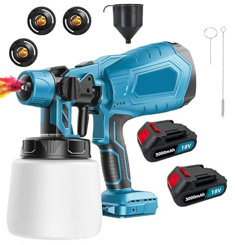 Elektrisches Akku Farbsprühsystem,kompatibel mit Makita 18V Akkus,Kabellos 500W Elektro Lackierpistole 3 Kupferdüse und 3 Muster, 1000ml Farbbehälter,für Wand，Wandmalerei，Möbel（mit 2 * 3000mAh Akku） ﻿ von KuwpbbT