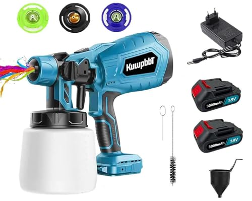 Elektro Lackierpistole 500W HVLP Farbspritzgerät mit 3000mAh-Akku Spritzpistole 1000ML Behälter,3 Spritzmuster 3 Düsen mit Ladegerät, Farbsprühsystem für DIY Wände Zäune Schränke (Blau) ﻿ von KuwpbbT