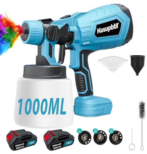Kabellose Akku Farbsprühsystem,für Zäune und Terrassendielen, Akku Sprühpistole, Handfarbsprüher mit 3 Düsen und abnehmbarem 1L Tankfür Zuhause DIY Malerei（mit 2 * 3000mAh Akku） ﻿ von KuwpbbT