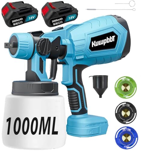 Kabellose Akku Farbsprühsystem für 18V, Tragbares Elektro Farbspritzpistole mit 3 Düsen(1/1.8/2.5/mm), 3 Spritzmuster und 1000ml Lackbehälter, Für Möbel, Zäune, Wände, DIY(2X3.0Ah Akku ﻿ von KuwpbbT