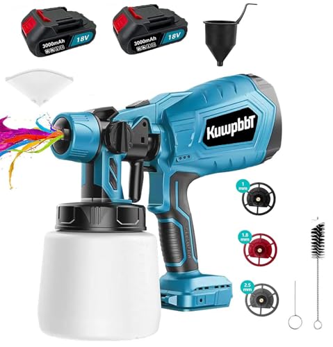 Kabelloser HVLP Farbsprühsystem (mit 2 * 3.0Ah Akku), AKKU-Farbsprüher für Zäune und Terrassendielen, Sprühpistole, Handfarbsprüher für Zuhause DIY Malerei, 3 Sprühmuster & 1000mL von KuwpbbT
