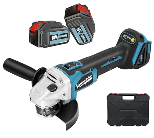 KuwpbbT Kabellos Akku Winkelschleifer 18V Li-Ion, 500W Bürstenloser Profi-Schleifer, 8500U/min, 12.5cm Scheibendurchmesser mit Winkelschleiferschlüssel (mit 2 * 5500mAh Akku und Ladegerät) von KuwpbbT