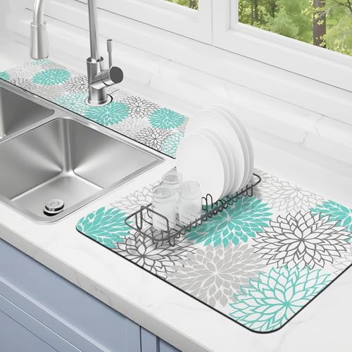 Abtropfmatte für Küchentheke, 2 Stück, 48,3 x 30,5 cm, Abtropfmatte und 61 x 14 cm Spülbecken-Spritzschutz, super saugfähig, rutschfeste Gummi-Rückseite von Kuyig Home