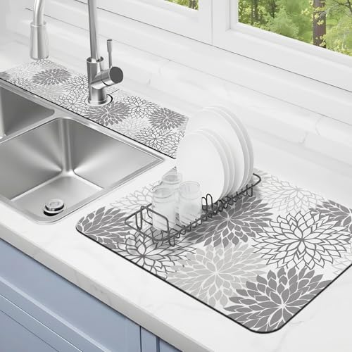 Abtropfmatte für Küchentheke, 2 Stück, 58,4 x 38,1 cm, Abtropfmatte und 61 x 14 cm Spülbecken-Spritzschutz, super saugfähig, rutschfeste Gummi-Rückseite von Kuyig Home