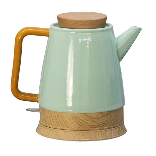 Elektrischer Keramik Wasserkocher 1,5 L mint/holz – mit echtem Holzdeckel, 360° drehbarer Sockel, LED-Betriebsanzeige, BPA-frei, Trockengehschutz, stilvoll & nachhaltig, Retro Design von Kvota