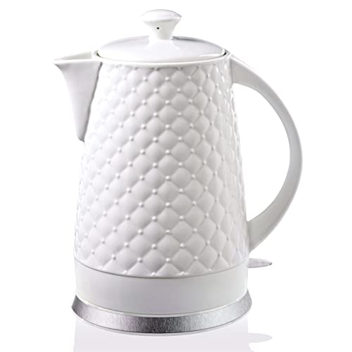 KVOTA Elektrischer Keramik Wasserkocher, Teekessel 1,8 L, 1500-1600W, Gesteppt-Design, weiß, abnehmbarer Deckel von Kvota