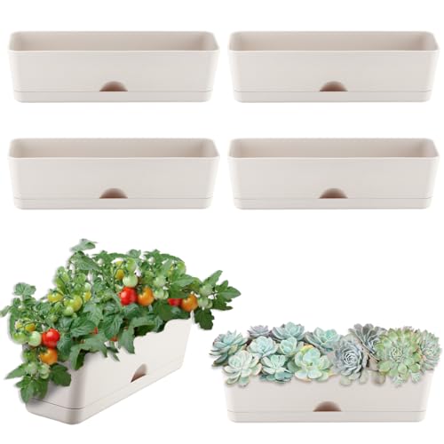 Rechteckige Pflanzgefäße mit Ablauflöchern und Untersetzern, 40,6 x 11,1 cm, rechteckig, große Fensterbank, Pflanzgefäße für den Innenbereich, selbstbewässernde Blumentöpfe mit Drainagelöchern und Rechteckige Pflanzgefäße mit Ablauflöchern und Untersetzern, 40,6 x 11,1 cm, rechteckig, große Fensterbank, Pflanzgefäße für den Innenbereich, selbstbewässernde Blumentöpfe mit Drainagelöchern und von KvyusFlourish