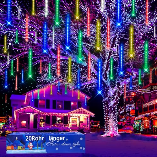 Weihnachtsbeleuchtung Außen, 20 Röhren Meteorschauer Lichterkette(Äquivalent zu 2 Sätzen von 10er-Röhren), Wasserdichte Lichterkette für Weihnachten Halloween Baum, Weihnachtsdeko Aussen, Mehrfarbig von Kwaiffeo