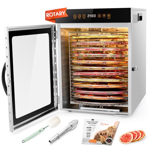 Kwasyo Dörrautomat Edelstahl, Doppelventilator 720 ° Effizientes Dry, Dörrgerät 12 Etagen Drehen, 20-90℃ Temperaturregelung, 24 Stunden Timer, Rezeptheft für Fleisch Obst Gemüse Kräuter, 1000W von Kwasyo