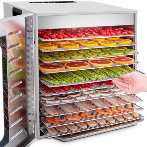 Kwasyo Dörrautomat Edelstahl DA 1000, XXL-Dörrfläche 1,8 m², Dörrgerät Temperatur einstellbar 30-90℃, LED-Display, 24 Std, BPA-frei, mit Rezeptheft, 10 Edelstahl-Dörrtabletts von Kwasyo