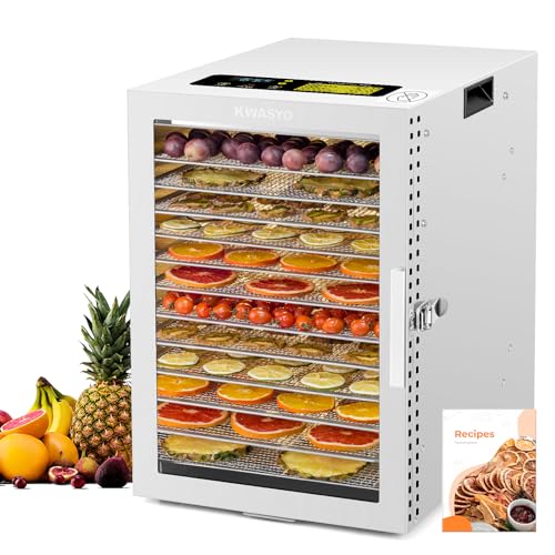 Kwasyo Dörrautomat Edelstahl, Doppelventilator 360 ° Effizientes Dry, Dörrgerät 12 Etagen, 20-90℃ Temperaturregelung, 24 Stunden Timer, Überhitzungsschutz, Rezeptheft für Fleisch Obst Gemüse Kräuter von Kwasyo