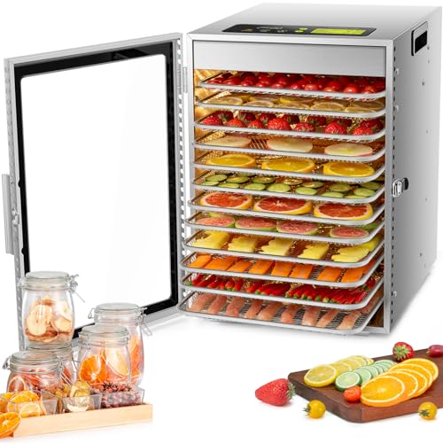 Kwasyo Dörrautomat Edelstahl, Doppelventilator 360 ° Effizientes Dry, Dörrgerät 12 Etagen, 20-90℃ Temperaturregelung, 24 Stunden Timer, Überhitzungsschutz, Rezeptheft für Fleisch Obst Gemüse Kräuter von Kwasyo