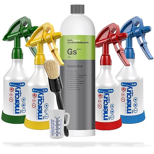 Auto Reinigungsset für Innenraum und Außen | Koch Chemie Green Star Universalreiniger 1L | 4 Kwazar Mercury Super PRO Sprühflasche - Überkopf Sprühfunktion | Reinigungspinsel | zur optimalen Reinigung von Kwazar