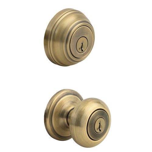 Kwikset Juno 99910-033 Türknauf und Einzylinder-Riegel, Kombi-Pack mit antimikrobiellem Microban-Schutz mit SmartKey-Sicherheit in antikem Messing von Kwikset