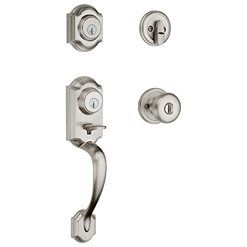 Kwikset Montara Haustürschlossgriff und Riegel-Set, Einstiegsgriff außen mit Innentürknauf, satiniertes Nickel, bruchfest, SmartKey Rekey Riegel-Sicherung von Kwikset