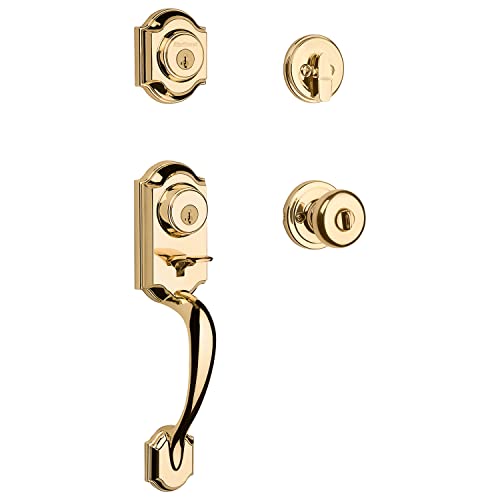 Kwikset Montara Haustürschlossgriff und Riegel-Set, Einstiegsgriff außen mit Innentürknauf, poliertes Messing, bruchfest, SmartKey Rekey Riegel-Sicherung Kwikset Montara Haustürschlossgriff und Riegel-Set, Einstiegsgriff außen mit Innentürknauf, poliertes Messing, bruchfest, SmartKey Rekey Riegel-Sicherung von Kwikset