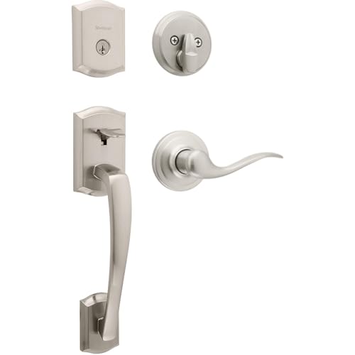 Kwikset Prescott Single Cylinder Front Door Handleset with Tustin Lever Featuring SmartKey Security and Microban Antimicrobial Protection in Satin Nickel von Kwikset