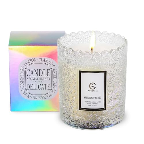 Duftkerze in eleganter Glasbox, 7 Unzen / 200g - 100% natürliche Sojawachs, 30 Stunden Brenndauer - Perfekter Raumduft (Pfirsich-Oolong) von Kwude