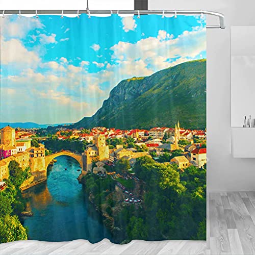 Bosnien Mostar Duschvorhang Reise Badezimmer Dekor Set mit Haken Polyester 183 x 183 cm (YL-00746) von Desert Eagle