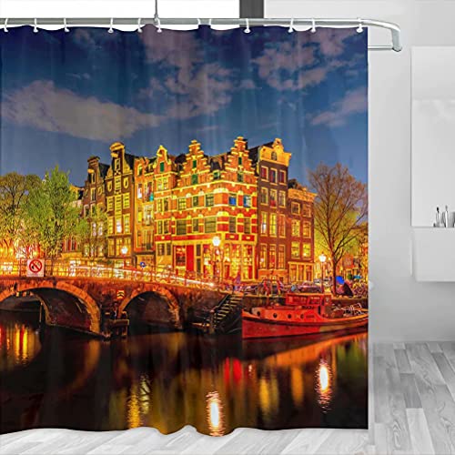 Niederlande Brücke Amsterdam Duschvorhang Reise Badezimmer Dekor Set mit Haken Polyester 183 x 183 cm (YL-04241) von Desert Eagle