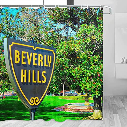 USA Amerika Beverly Hills Los Angeles Duschvorhang Reise Badezimmer Dekor Set mit Haken Polyester 183 x 183 cm (YL-06264) von Desert Eagle