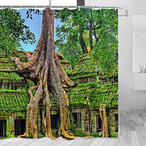 YL-00888 Kambodscha Angkor Wat Tempes Duschvorhang Reise Badezimmer Dekor Set mit Haken Polyester 183 x 183 cm von Desert Eagle