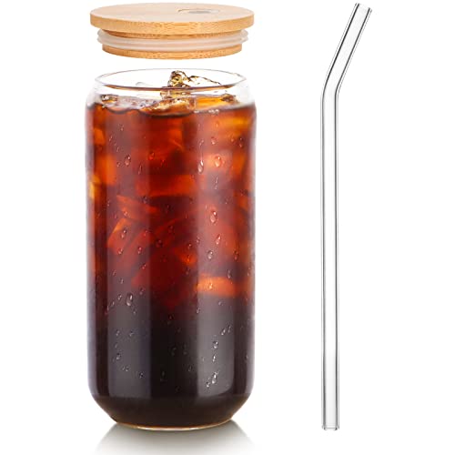 Kxuhivc Glasbecher, 473 ml, Trinkglas mit Bambusdeckel und Strohhalm, Bierglas für Mojito, Soda, Smoothies, Whiskey, Eiskaffee, Cocktail, Tee, Saft, 1 Packung von Kxuhivc