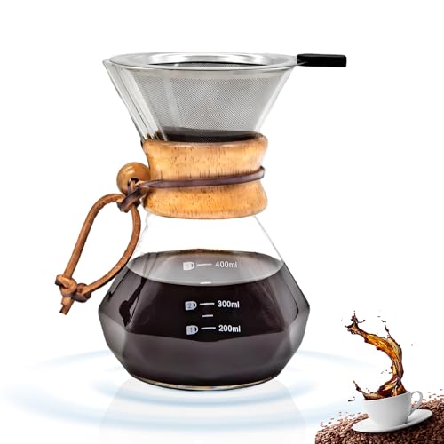 Kybelehoo 400 ML Pour Over Kaffeebereiter Mit Edelstahlfilter,Hohes Borosilikatglas Kaffeekanne, Kalt Und HitzebestäNdig, Griff HitzebestäNdig,Diamantförmiger Topfkörper von Kybelehoo