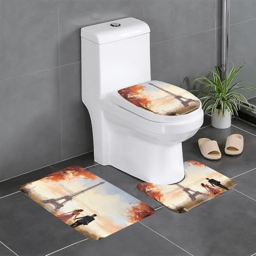 Tower Eiffel Paris Paar Mikrofaser Flauschiges Badezimmer-Set WC, saugfähige Unterlage, grau, Badezimmerteppich-Set, 3-teilig von Kycvds
