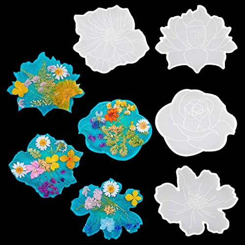 KyeeaDIY Silikonform Untersetzer, 4 Stück Epoxidharz Formen Untersetzer Blume Kunstharz Gießformen Resin Coaster Molds Harz-Untersetzer-Formen für DIY BastelnTeetablett Tassenmatte Haus Dekoration von KyeeaDIY