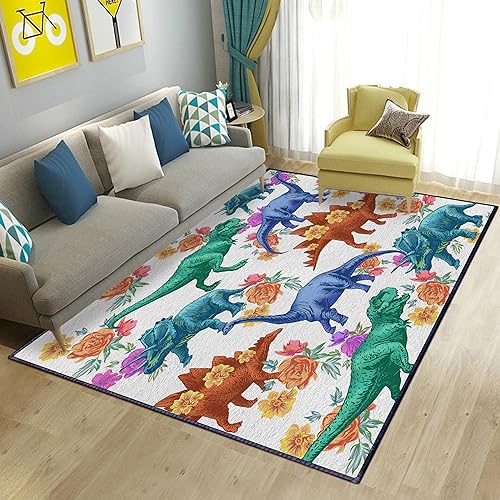 Kyhlten Cartoon Dinosaurier Kinderteppich für Kinder Junge und Mädchen im Kinderzimmer, Antirutsch Weich Dino Teppich Spielteppich Kurzflor, Waschmaschine Waschbar Bodenteppich, Bunt 100x150cm von Kyhlten