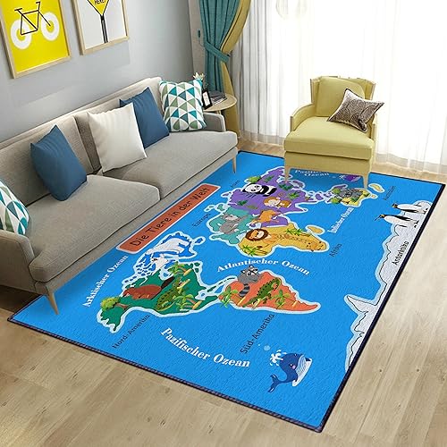 Kyhlten Kinder Teppich Kinderzimmer Weltkarte 100x150 cm, Tiere in der Welt Blau Spielmatte Spielteppich für Jungen Mädchen Kleinkinder, rutschfest Waschbar Pflegeleicht Bodenspielmatte Kinderteppich von Kyhlten