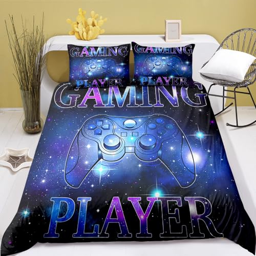 Kyhlten Gaming Gamepad Bettbezug-Set mit Kissenbezug für Jungen Jugendliche Kinder, Cool Bunte Jungs Teenager Gamer Bettwäsche-Set 155 * 220cm 2er Set, Mikrofaser, Atmungsaktiv, Blau, Zimmer Dekor von Kyhlten