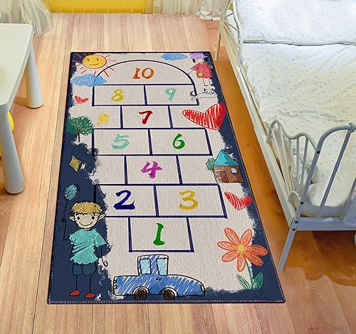 Kyhlten Kinderteppich Kinder Hopscotch Hüpfspiel Teppich Kinderzimmer, Spielmatte Spielteppich 80x160 cm für Jungen Mädchen Kleinkinder, Pflegeleicht rutschfest Waschbar Bodenspielmatte Babyteppich von Kyhlten