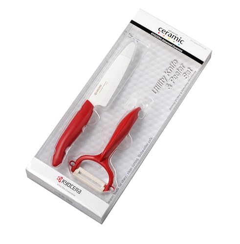 Kyocera GEN RED Starterset Keramik Obst- & Gemüsemesser mit Schäler | Klinge 11 cm | ergonomischer Griff | extrem scharfes Küchenmesser und Sparschäler | Kochmesser Profi Messer von Kyocera