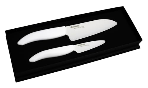 Kyocera Keramik-Messerset bestehend aus Santoku Messer 14 cm und Schälmesser 7,5 cm, Klingen mit weißen Griffen in Geschenkverpackung Küchenmesser, 4x13x34 cm, 2-Einheiten von KYOCERA