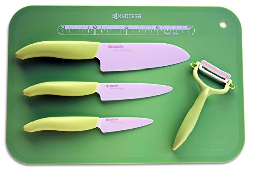 Kyocera Keramikmesser Set- 3 Messer Griff grün + Keramikschäler + Schneidunterlage Fb. grün von Kyocera