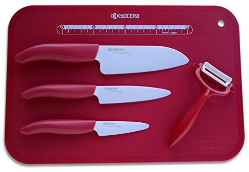 Kyocera Keramikmesser Set- 3 Messer Griff rot + Keramikschäler + Schneidunterlage Fb. rot von Kyocera