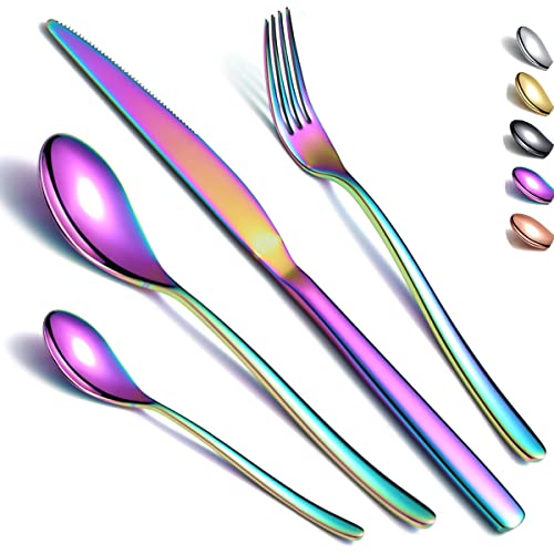 Besteckset 24-teilig,Kyraton Edelstahl Regenbogen Besteckset, Titanium Besteck Rainbow Besteckset Starker Rostschutz, Spülmaschinenfest, Geschirrset für 6 Personen. von Kyraton