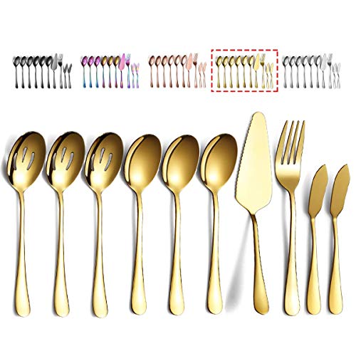 Kyraton Gold Besteck Servierset 10 Stück, Servierset beinhaltet 3 Servierlöffel, 3 geschlitzte Löffel, 1 Serviergabel, 1 Tortenheber, 2 Buttermesserverteiler Spread von Kyraton