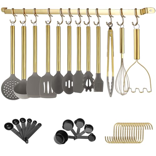 Golden Küchenutensilien Set, Kyraton 38 teiliges Silikon Kochutensilien Set mit Utensilienhalter, Löffelspatel Set, Antihaft Küchenhelfer, spülmaschinenfest von Kyraton