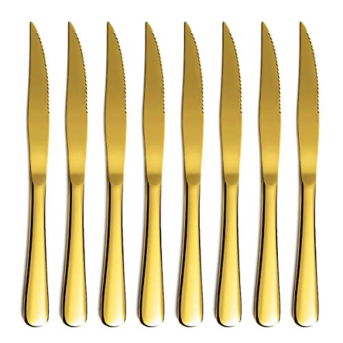 Goldenes Steakmesser Set, Kyrtaon Goldenes gezahntes Messer, Titanvergoldetes Edelstahl-Scharfmesser-Set, Tafelmesser-Set mit 8, Spülmaschinenfest, robust und leicht zu reinigen von Kyraton