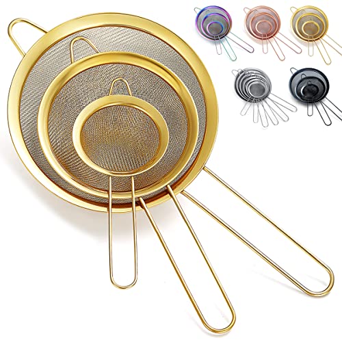 Kyraton Gold Fein Masch Sieb Küche 3er, Mehlsieb zum Backen, Edelstahl Clander,Matcha Teesieb, Soßenabscheider, Stasher küchensieb Nudelsiebe von Kyraton